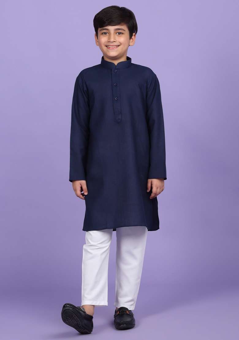 Navy Blue Solid Cotton Blend Kurta For Boys - Indya