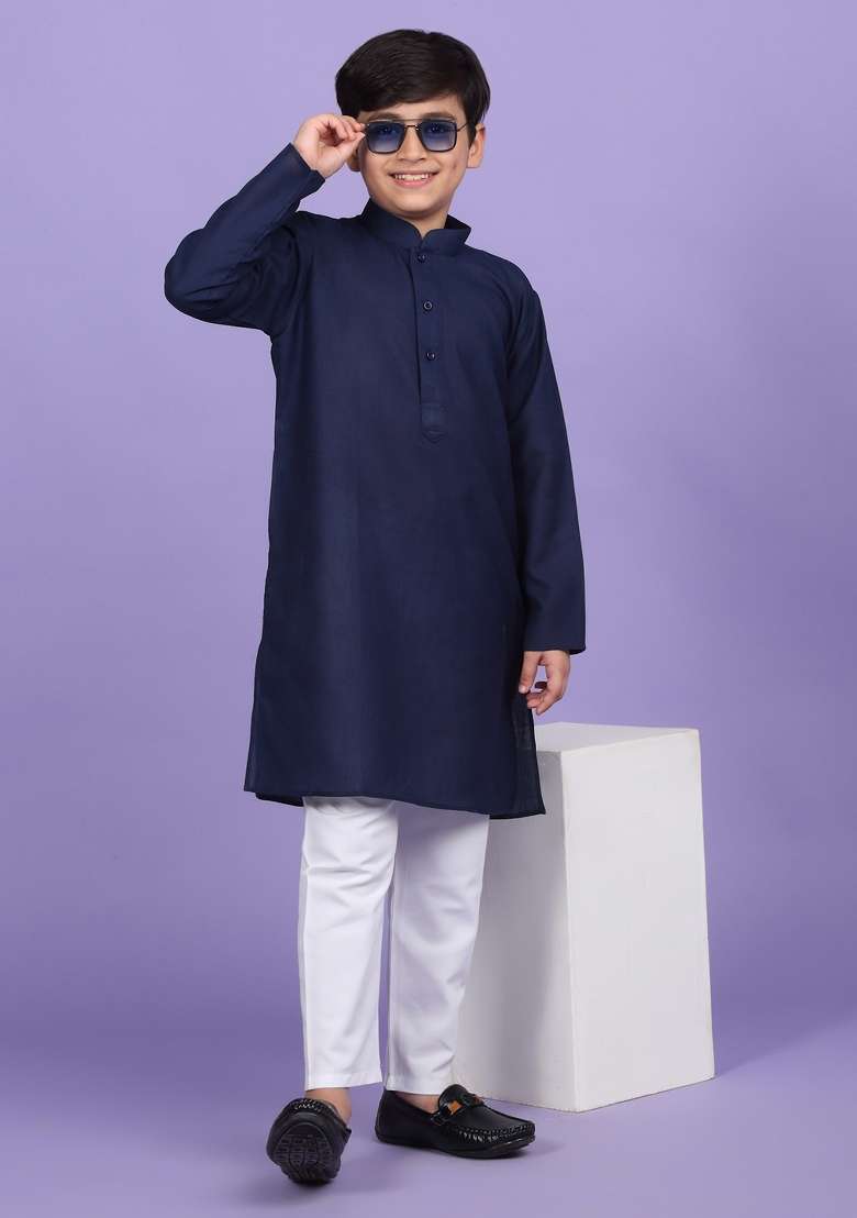 Navy Blue Solid Cotton Blend Kurta For Boys - Indya
