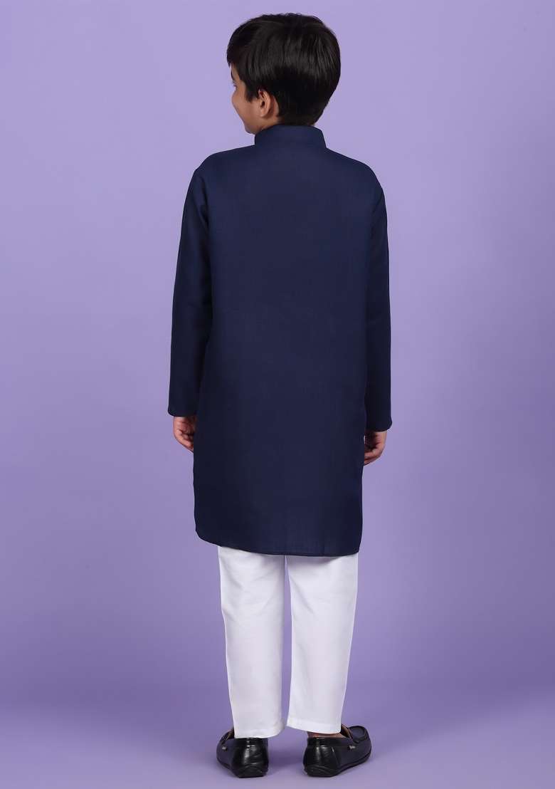 Navy Blue Solid Cotton Blend Kurta For Boys - Indya
