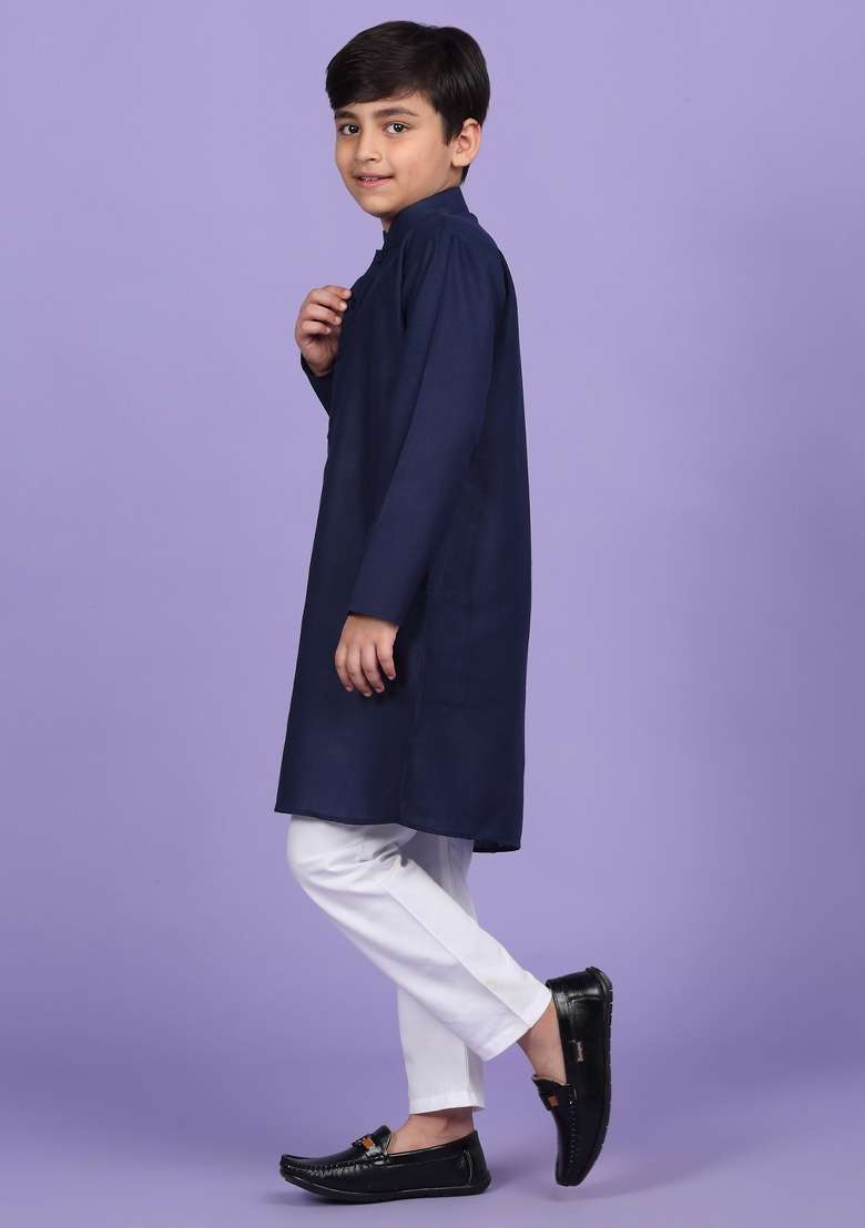 Navy Blue Solid Cotton Blend Kurta For Boys - Indya
