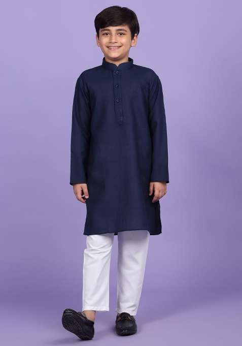 Navy Blue Solid Cotton Blend Kurta For Boys
