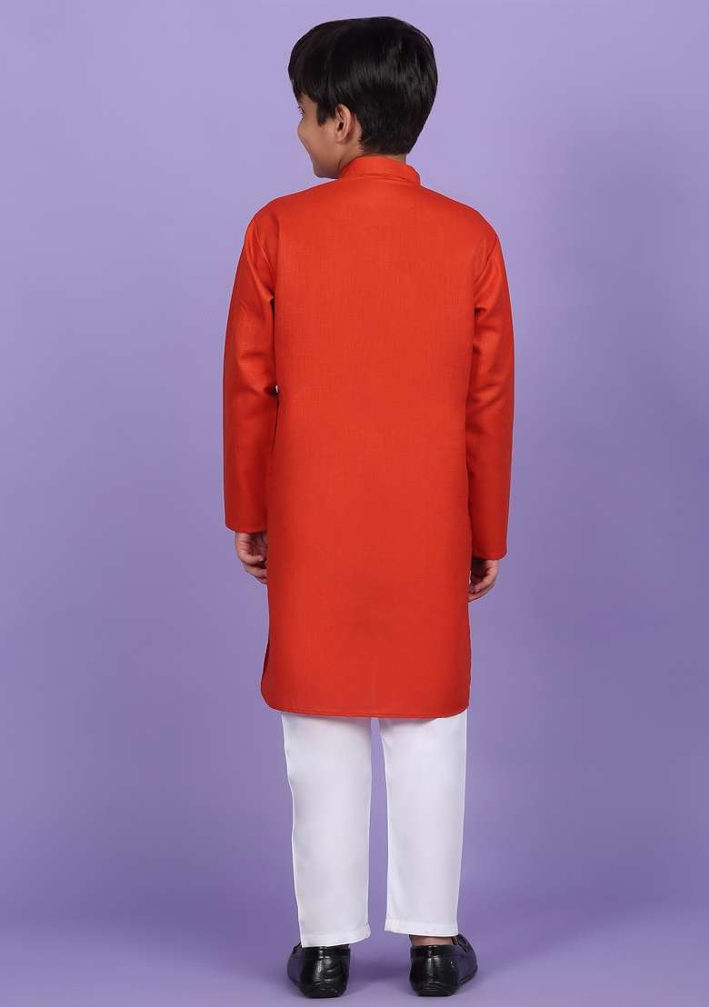 Orange Solid Cotton Blend Kurta For Boys - Indya