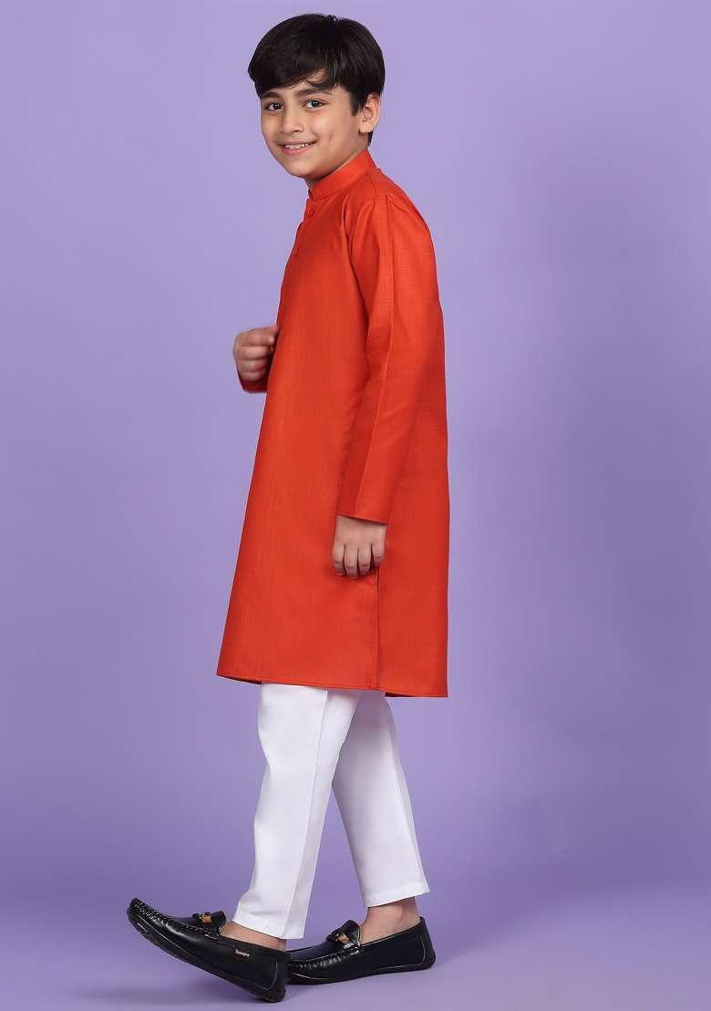 Orange Solid Cotton Blend Kurta For Boys - Indya