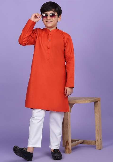 Orange Solid Cotton Blend Kurta For Boys