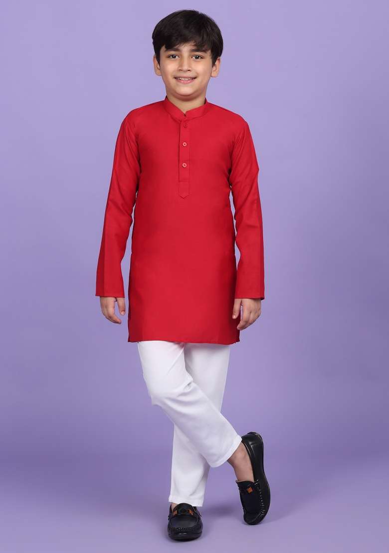 Red Solid Cotton Blend Kurta For Boys - Indya