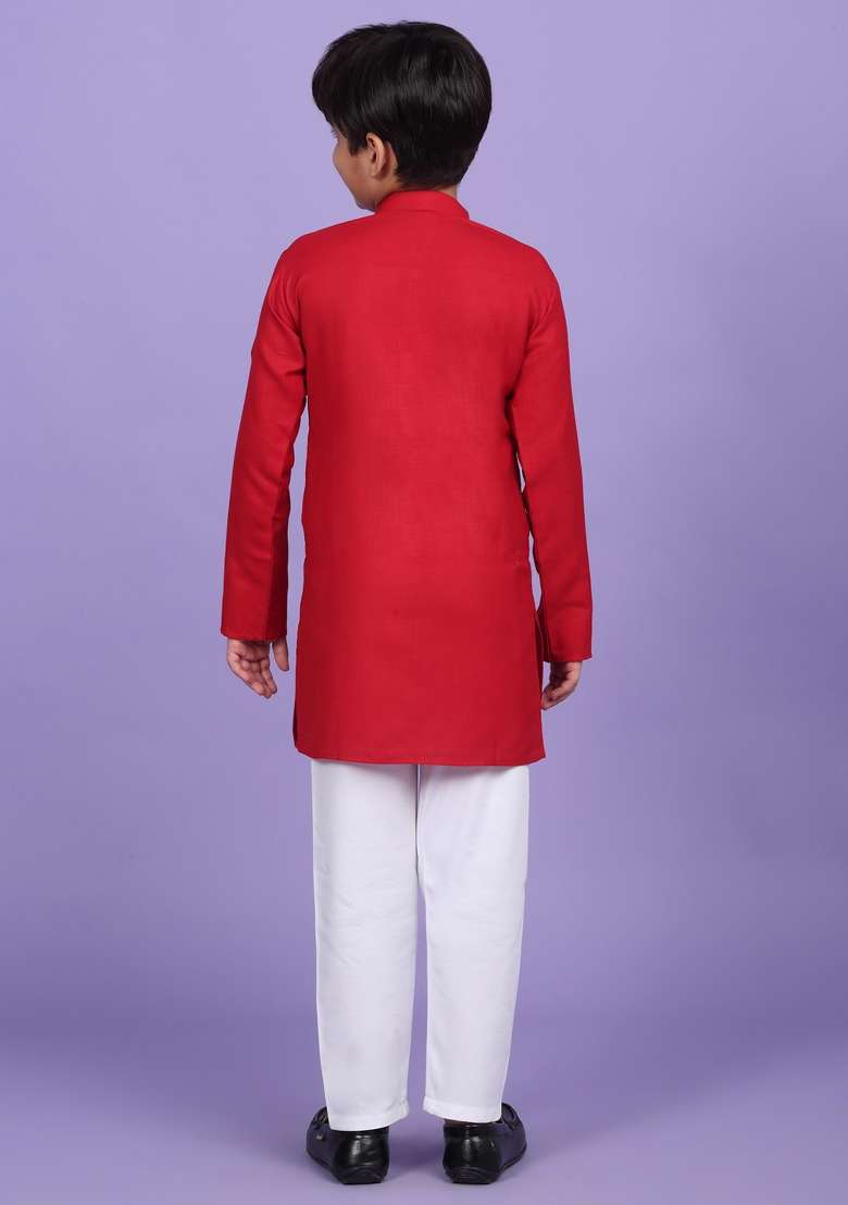 Red Solid Cotton Blend Kurta For Boys - Indya