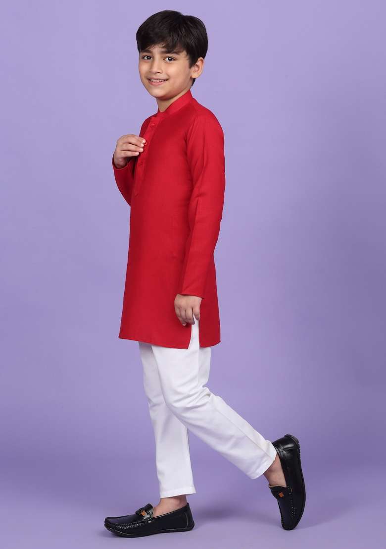 Red Solid Cotton Blend Kurta For Boys - Indya