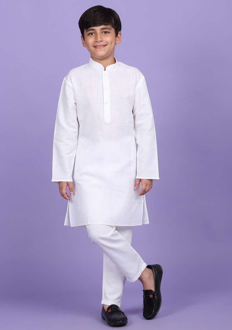 White Solid Cotton Blend Kurta For Boys - Indya