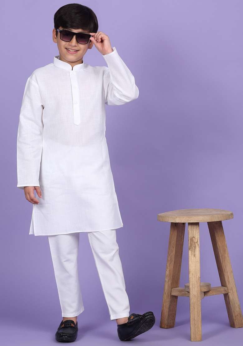 White Solid Cotton Blend Kurta For Boys - Indya