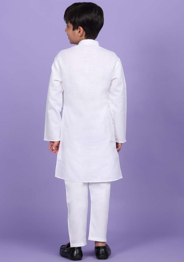 White Solid Cotton Blend Kurta For Boys - Indya