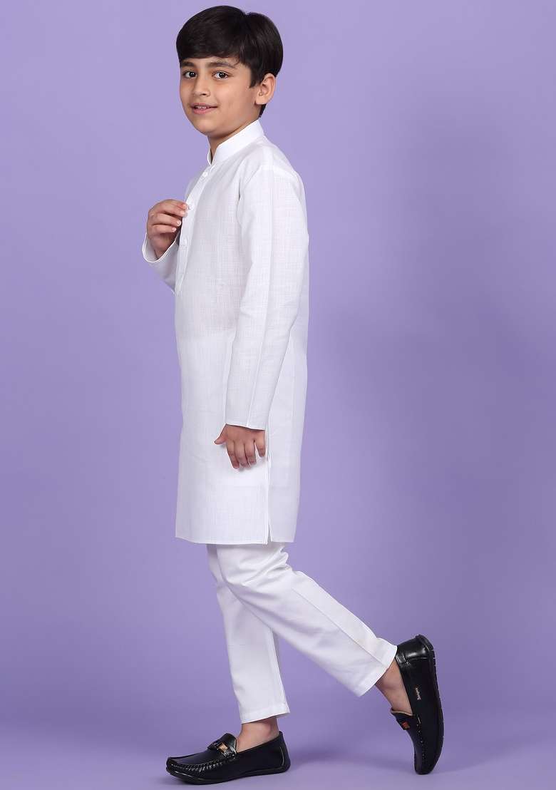 White Solid Cotton Blend Kurta For Boys - Indya