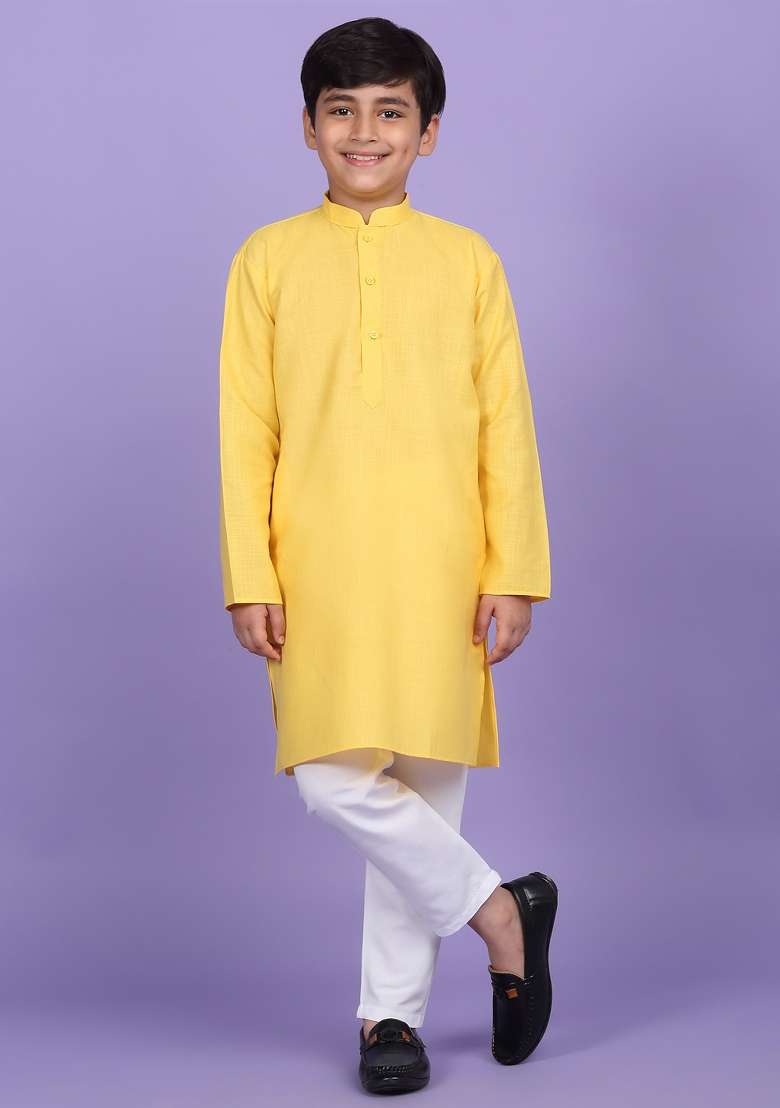 Yellow Solid Cotton Blend Kurta For Boys - Indya