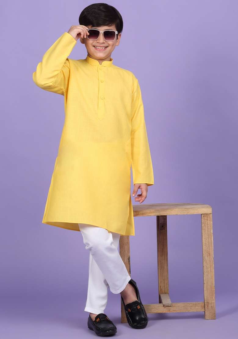 Yellow Solid Cotton Blend Kurta For Boys - Indya