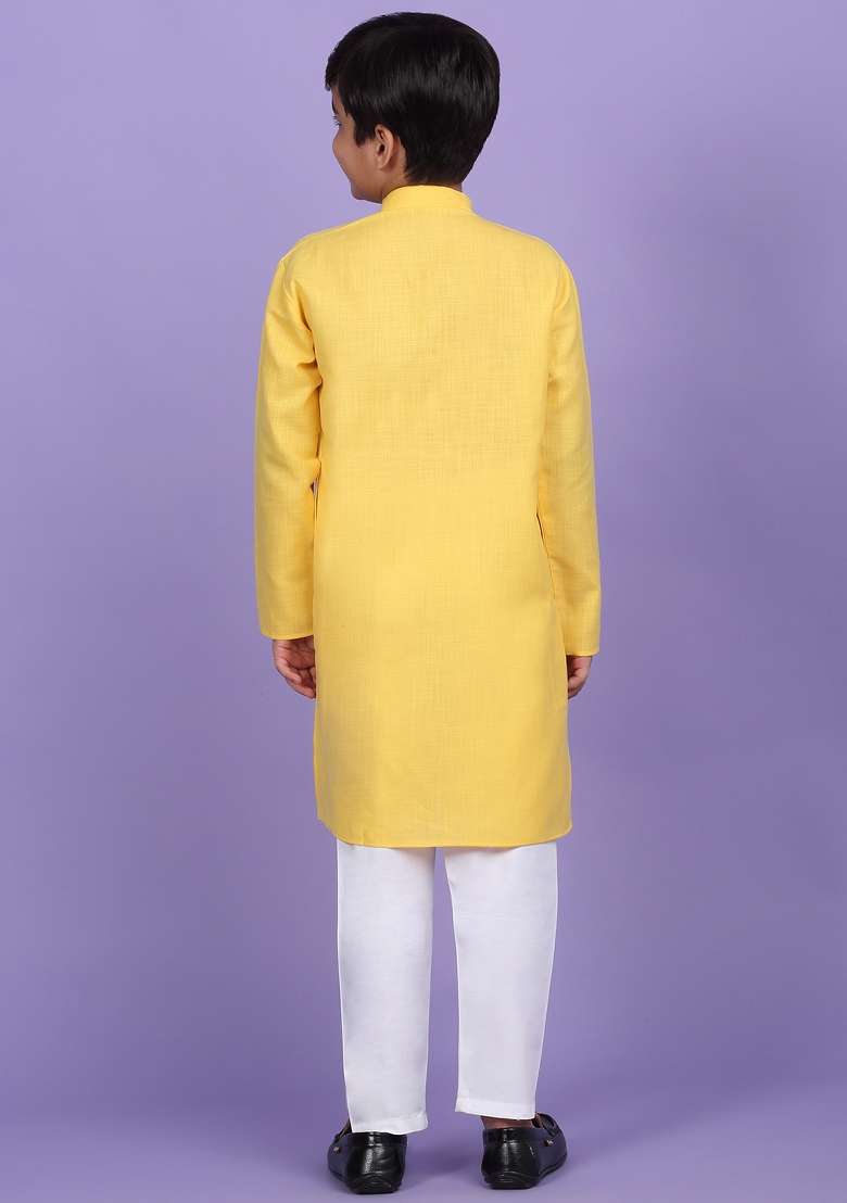 Yellow Solid Cotton Blend Kurta For Boys - Indya