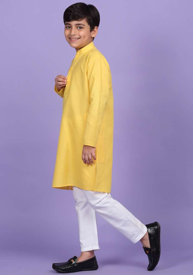 Yellow Solid Cotton Blend Kurta For Boys - Indya