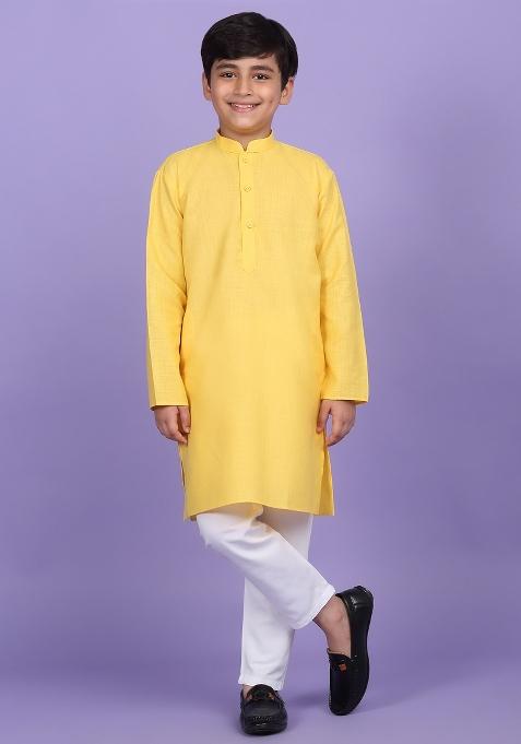 Yellow Solid Cotton Blend Kurta For Boys