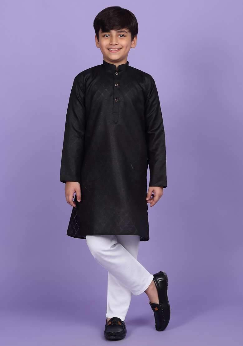 Black Woven Design Cotton Blend Kurta For Boys - Indya