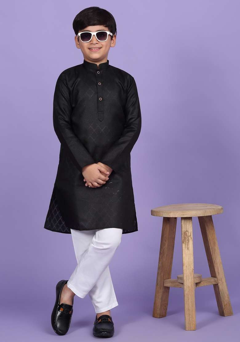 Black Woven Design Cotton Blend Kurta For Boys - Indya