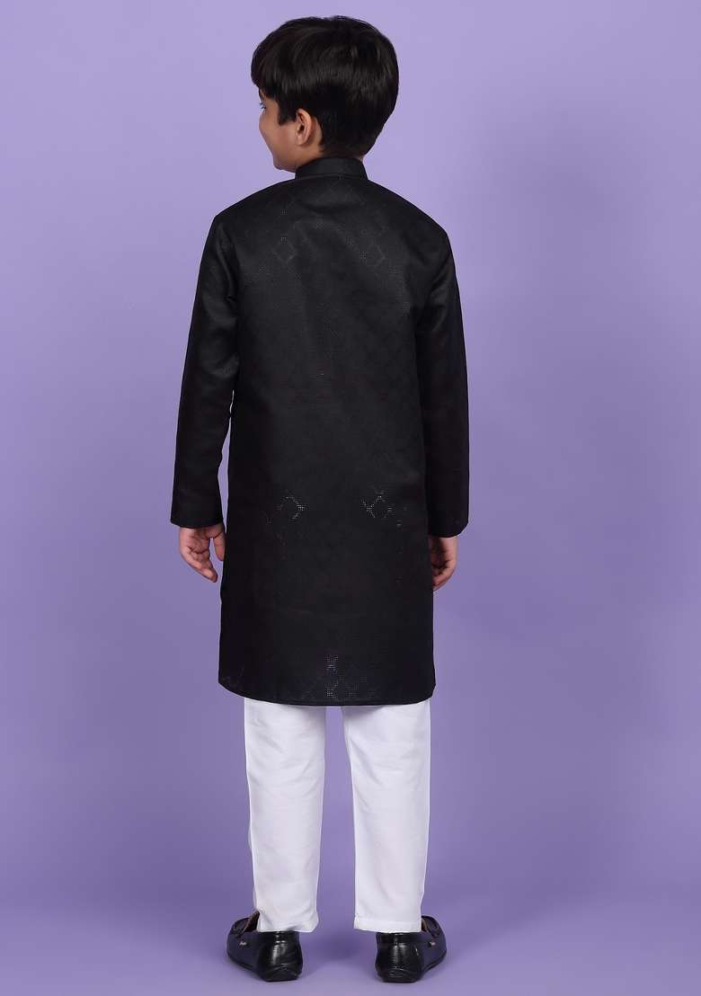 Black Woven Design Cotton Blend Kurta For Boys - Indya