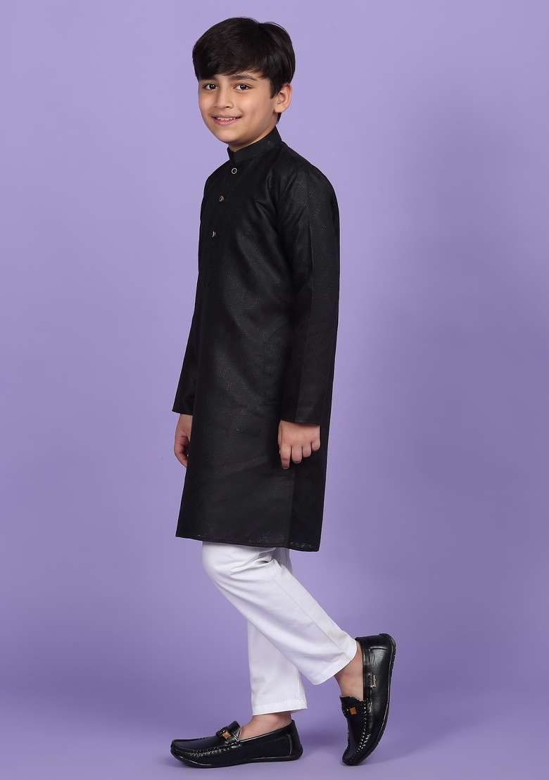 Black Woven Design Cotton Blend Kurta For Boys - Indya