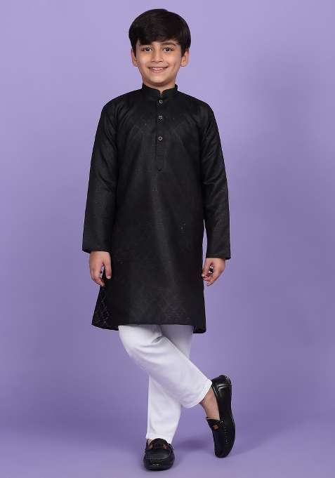Black Woven Design Cotton Blend Kurta For Boys