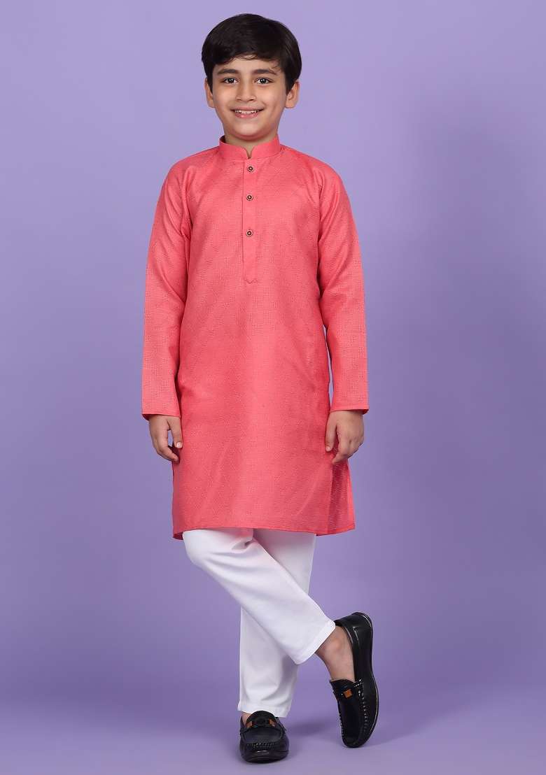 Pink Woven Design Cotton Blend Kurta For Boys - Indya