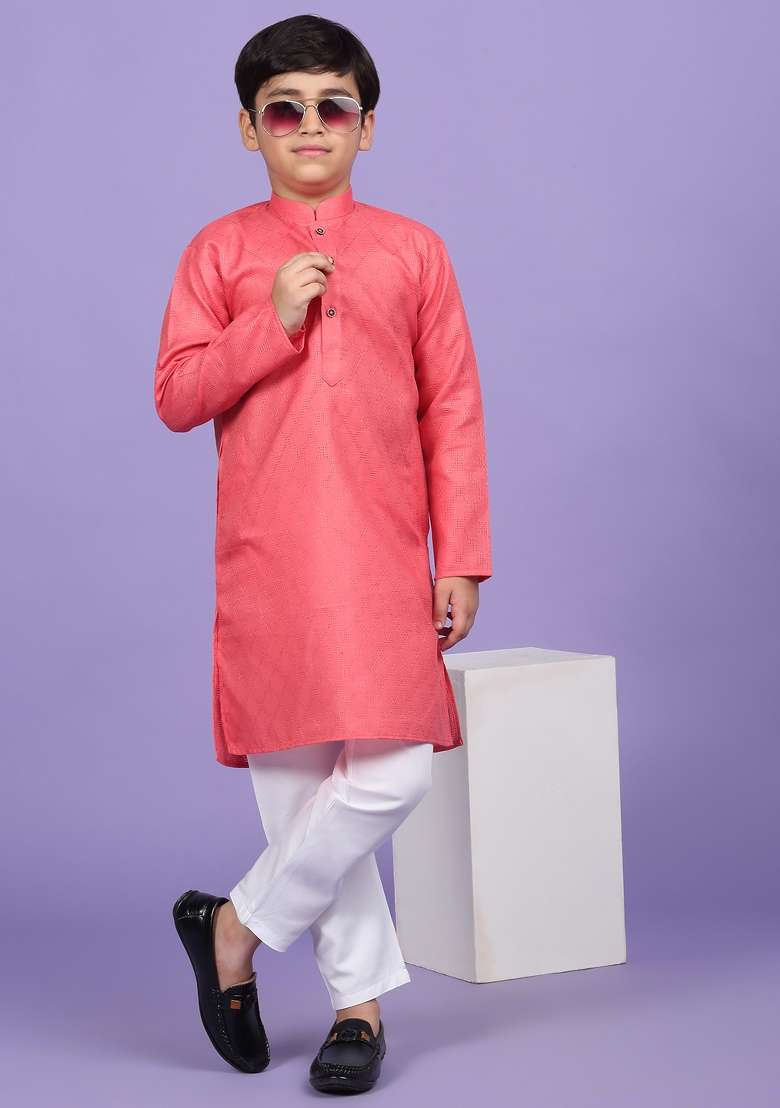Pink Woven Design Cotton Blend Kurta For Boys - Indya