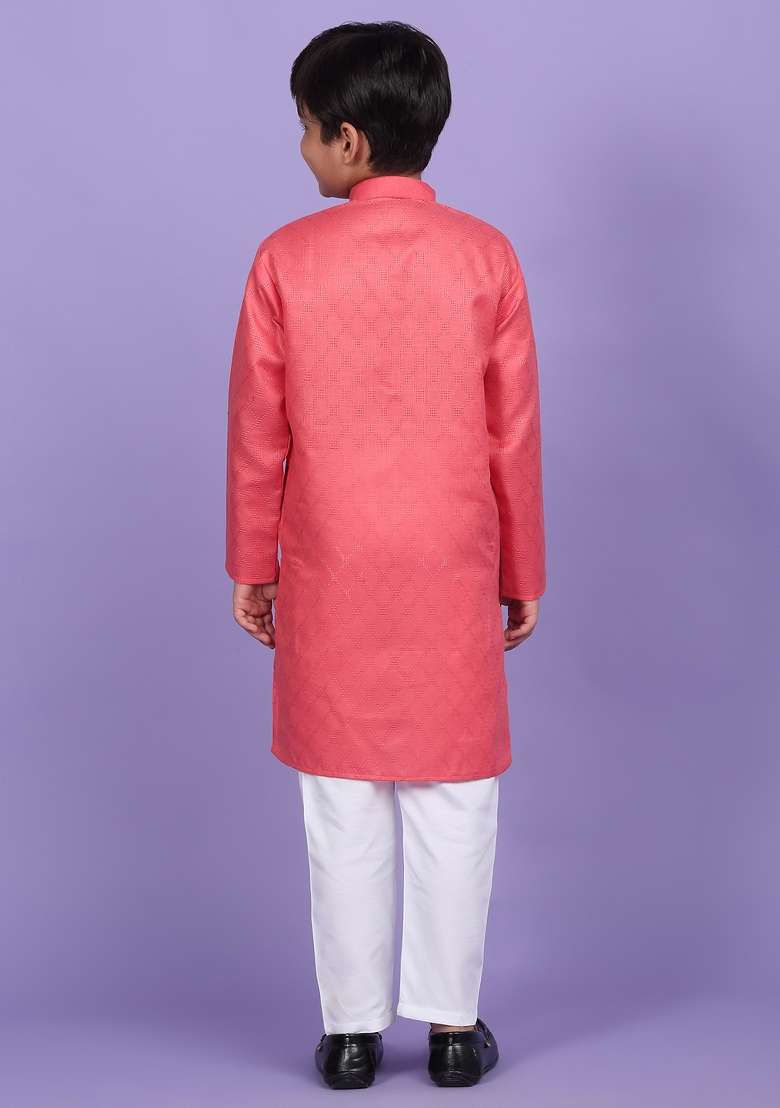 Pink Woven Design Cotton Blend Kurta For Boys - Indya