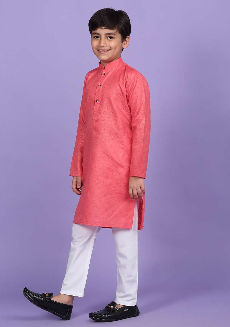 Pink Woven Design Cotton Blend Kurta For Boys - Indya