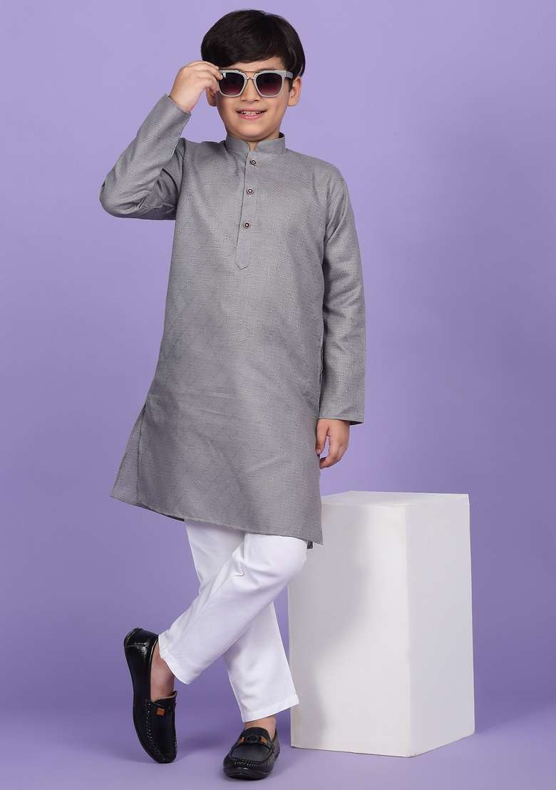 Grey Woven Design Cotton Blend Kurta For Boys - Indya