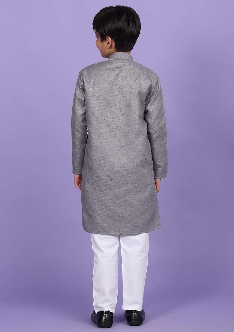Grey Woven Design Cotton Blend Kurta For Boys - Indya