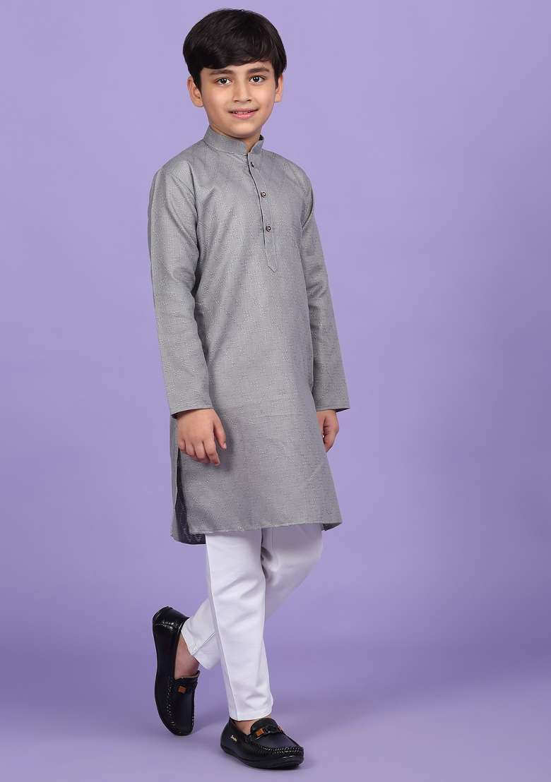 Grey Woven Design Cotton Blend Kurta For Boys - Indya