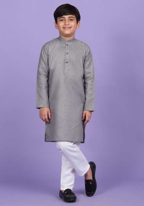 Grey Woven Design Cotton Blend Kurta For Boys