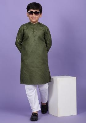 Green Woven Design Cotton Blend Kurta For Boys