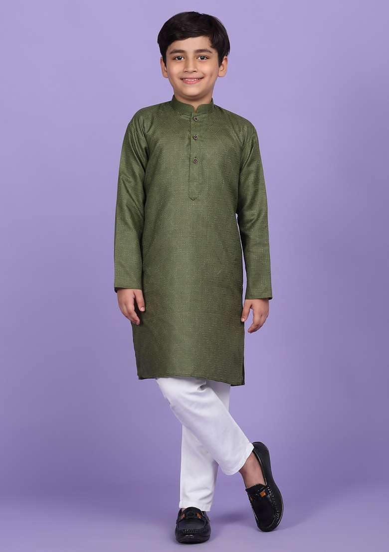 Green Woven Design Cotton Blend Kurta For Boys - Indya