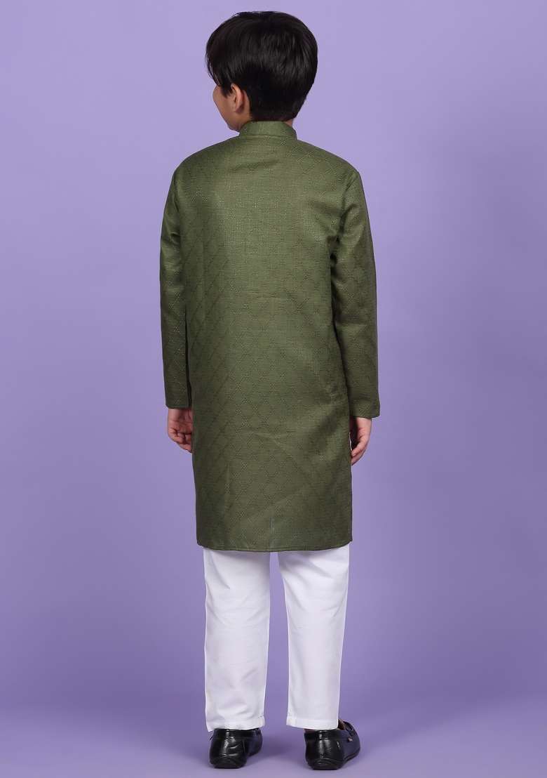 Green Woven Design Cotton Blend Kurta For Boys - Indya
