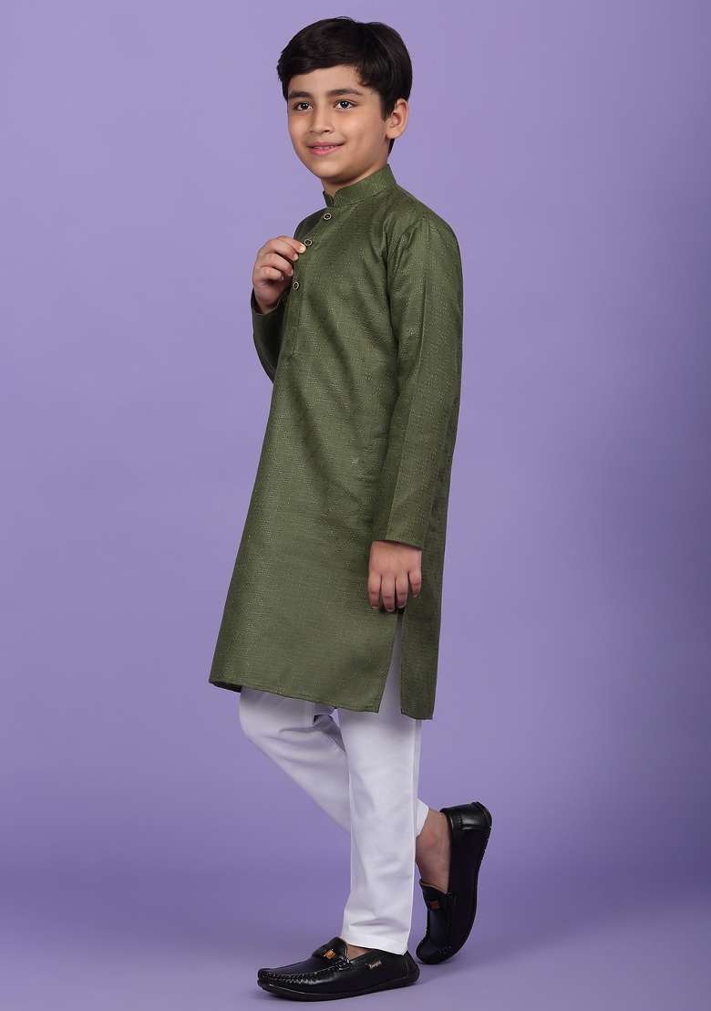 Green Woven Design Cotton Blend Kurta For Boys - Indya