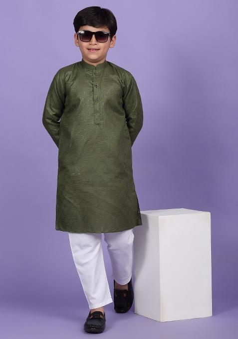 Green Woven Design Cotton Blend Kurta For Boys — view on Indya