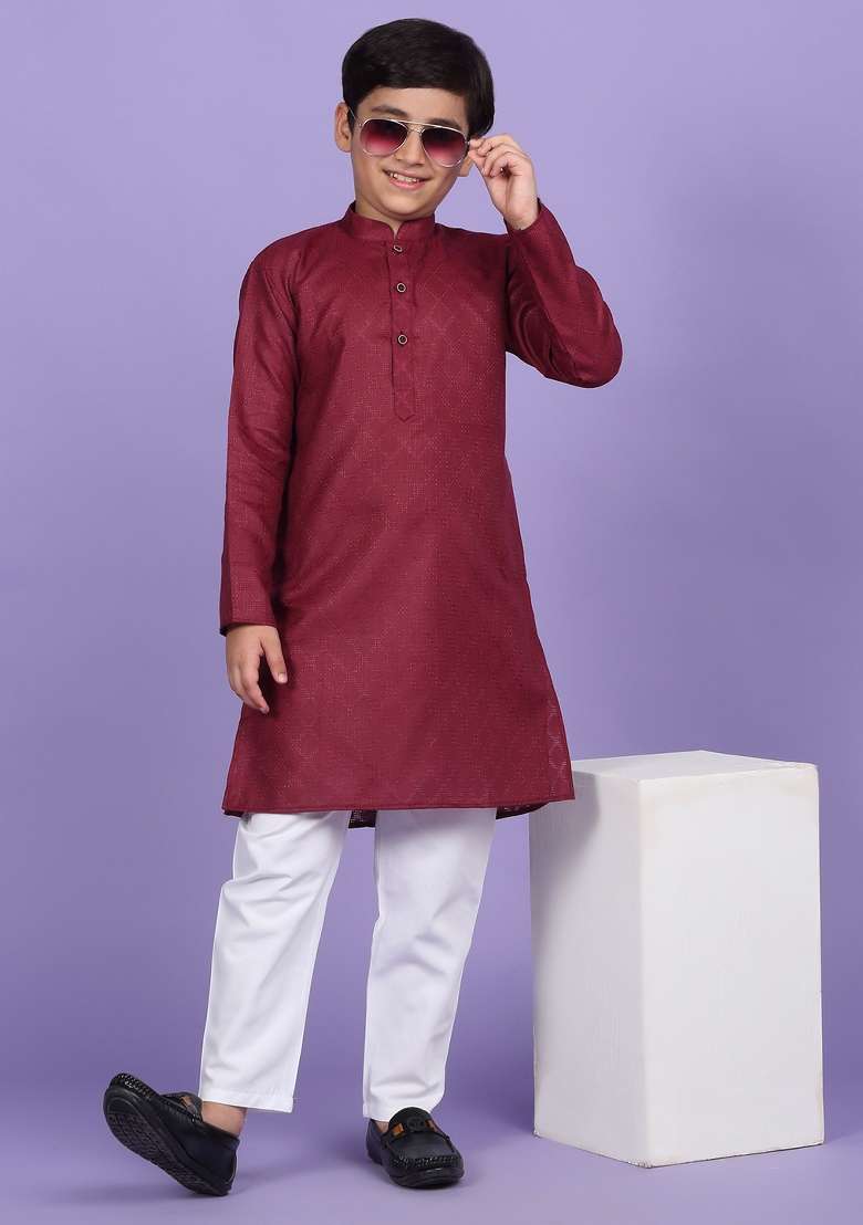 Maroon Woven Design Cotton Blend Kurta For Boys - Indya