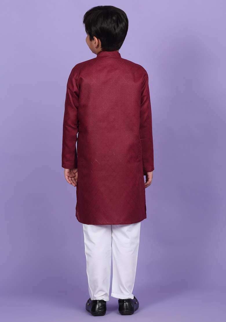 Maroon Woven Design Cotton Blend Kurta For Boys - Indya
