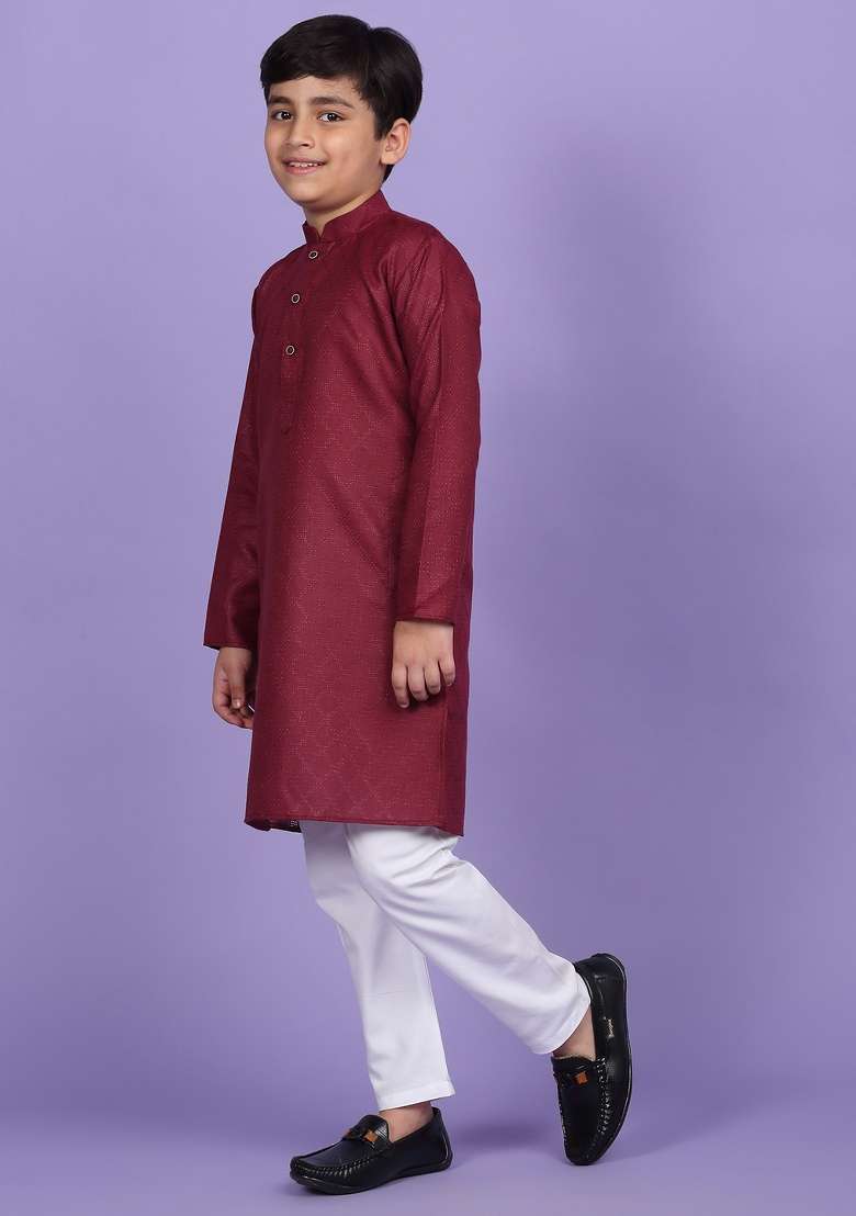 Maroon Woven Design Cotton Blend Kurta For Boys - Indya