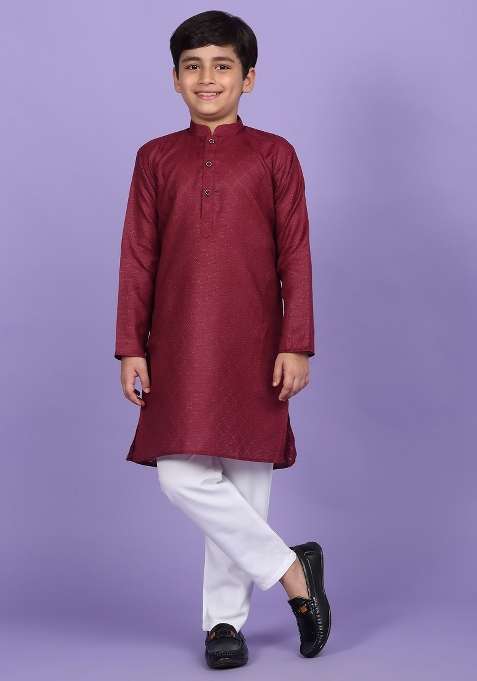 Maroon Woven Design Cotton Blend Kurta For Boys