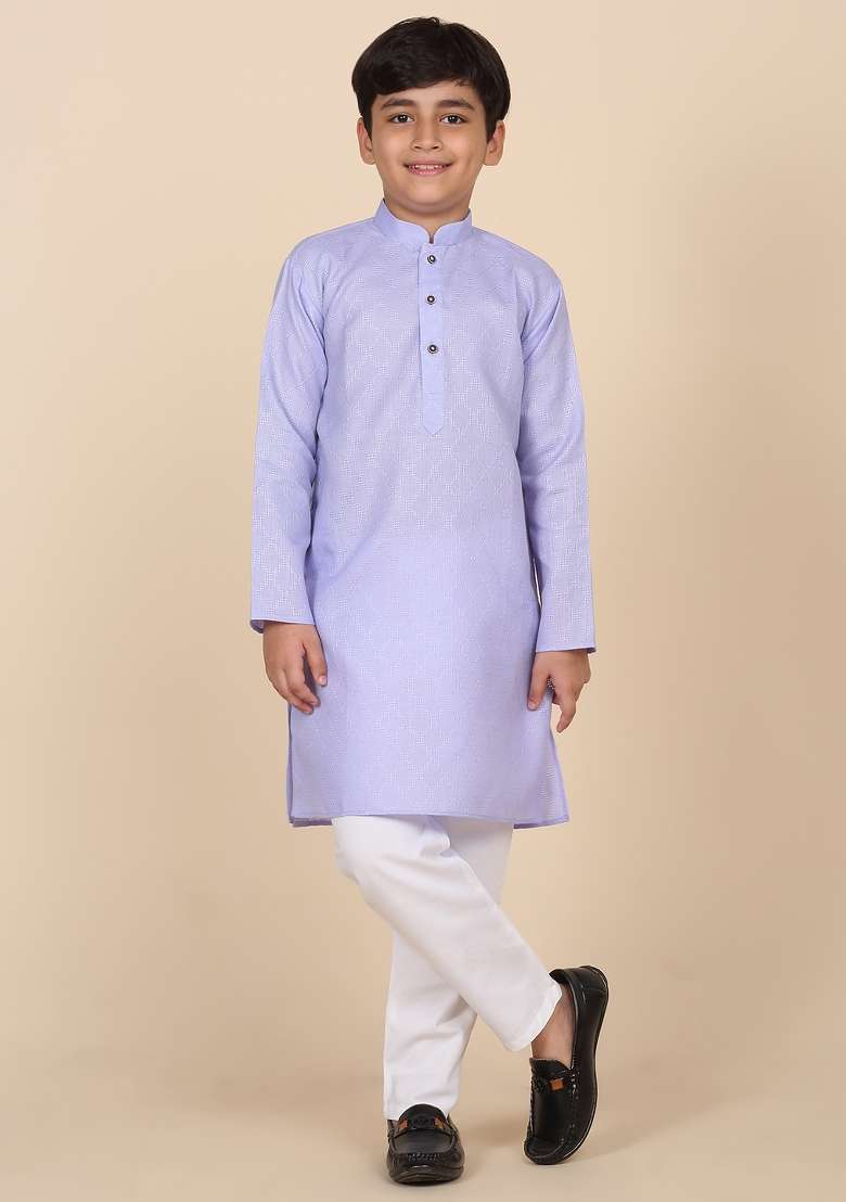 Purple Woven Design Cotton Blend Kurta For Boys - Indya