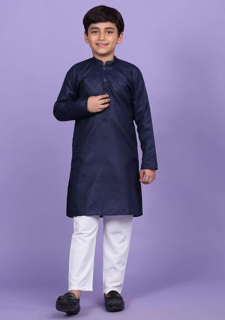 Navy Blue Woven Design Cotton Blend Kurta For Boys - Indya