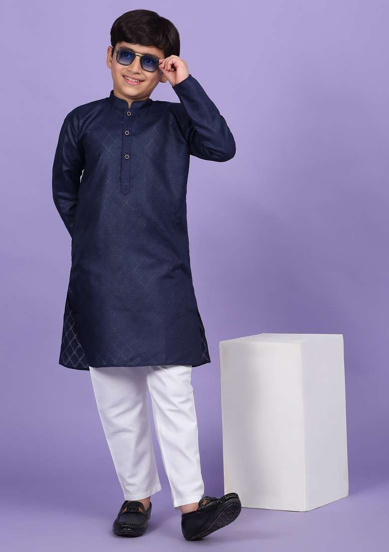 Navy Blue Woven Design Cotton Blend Kurta For Boys - Indya