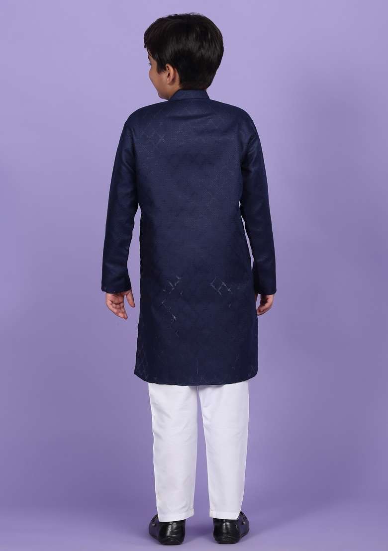 Navy Blue Woven Design Cotton Blend Kurta For Boys - Indya