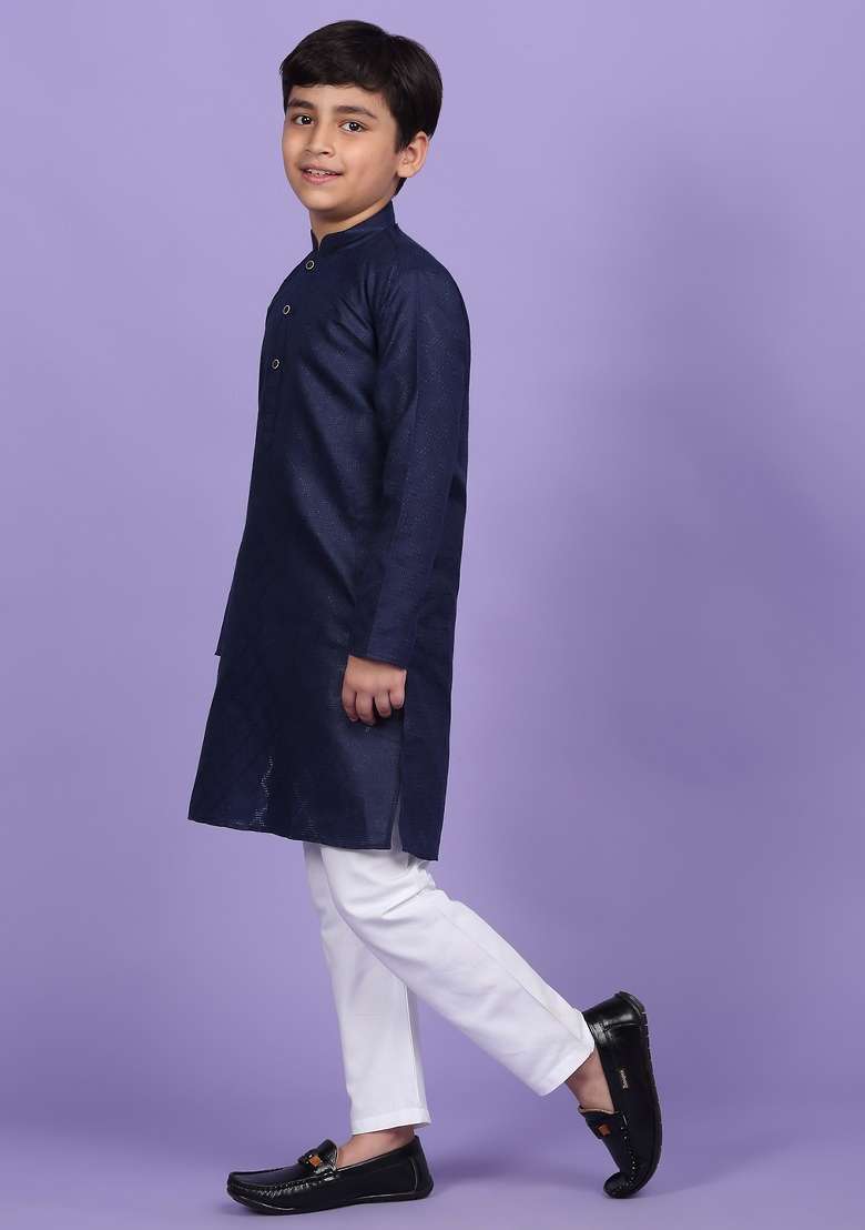 Navy Blue Woven Design Cotton Blend Kurta For Boys - Indya