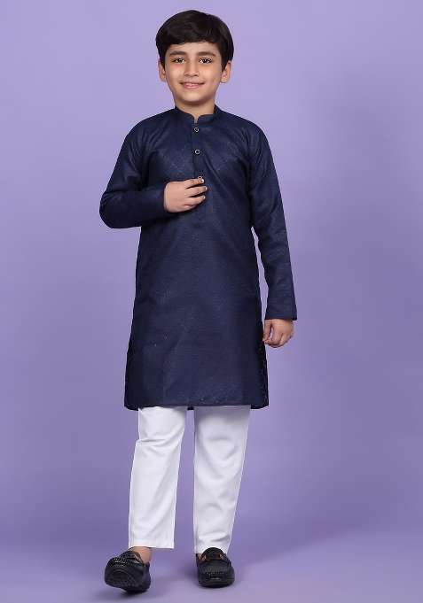 Navy Blue Woven Design Cotton Blend Kurta For Boys
