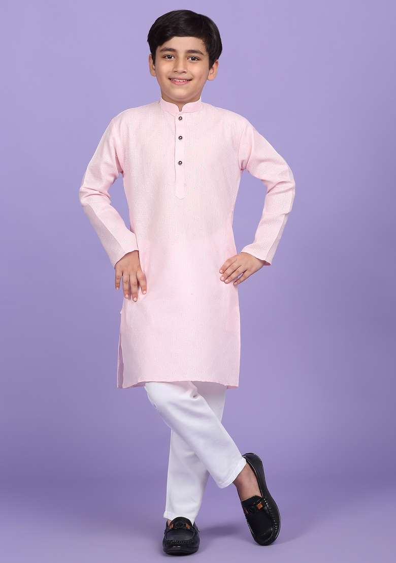 Pink Woven Design Cotton Blend Kurta For Boys - Indya