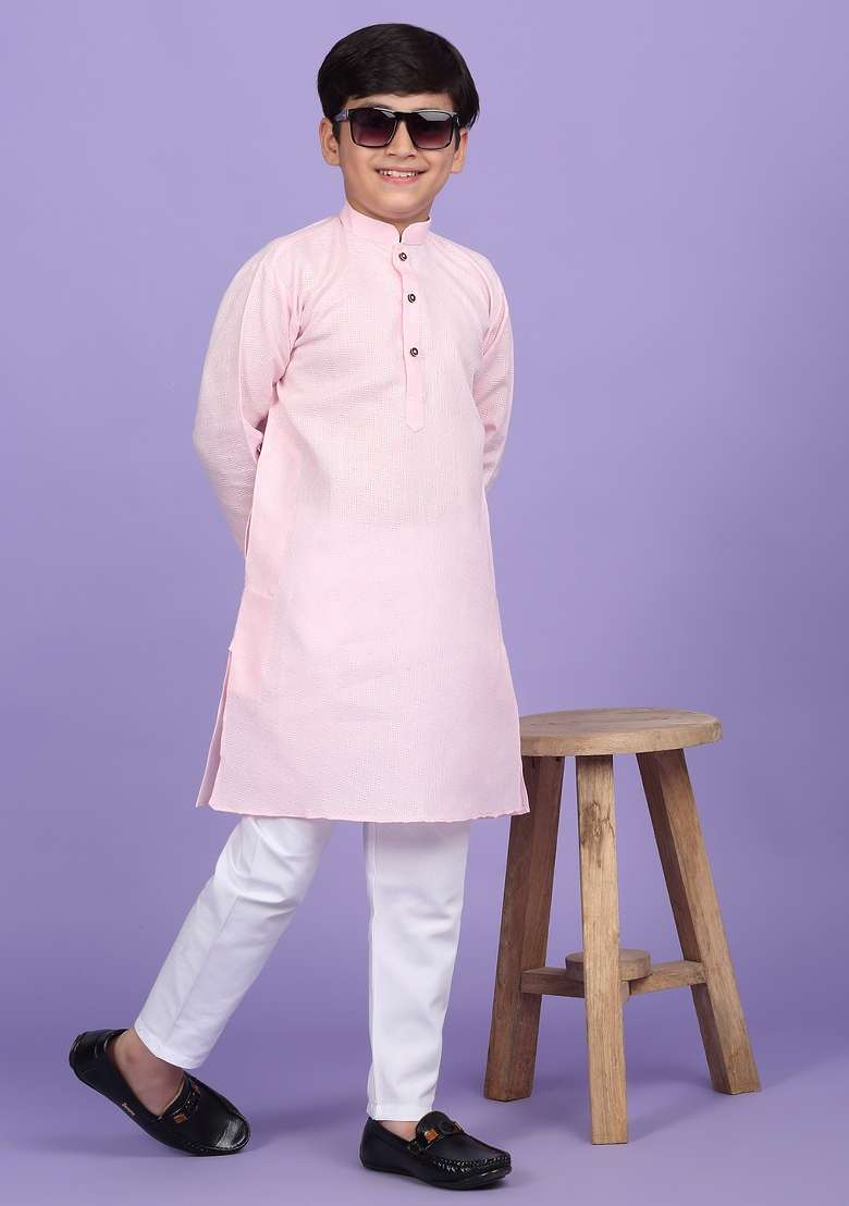 Pink Woven Design Cotton Blend Kurta For Boys - Indya